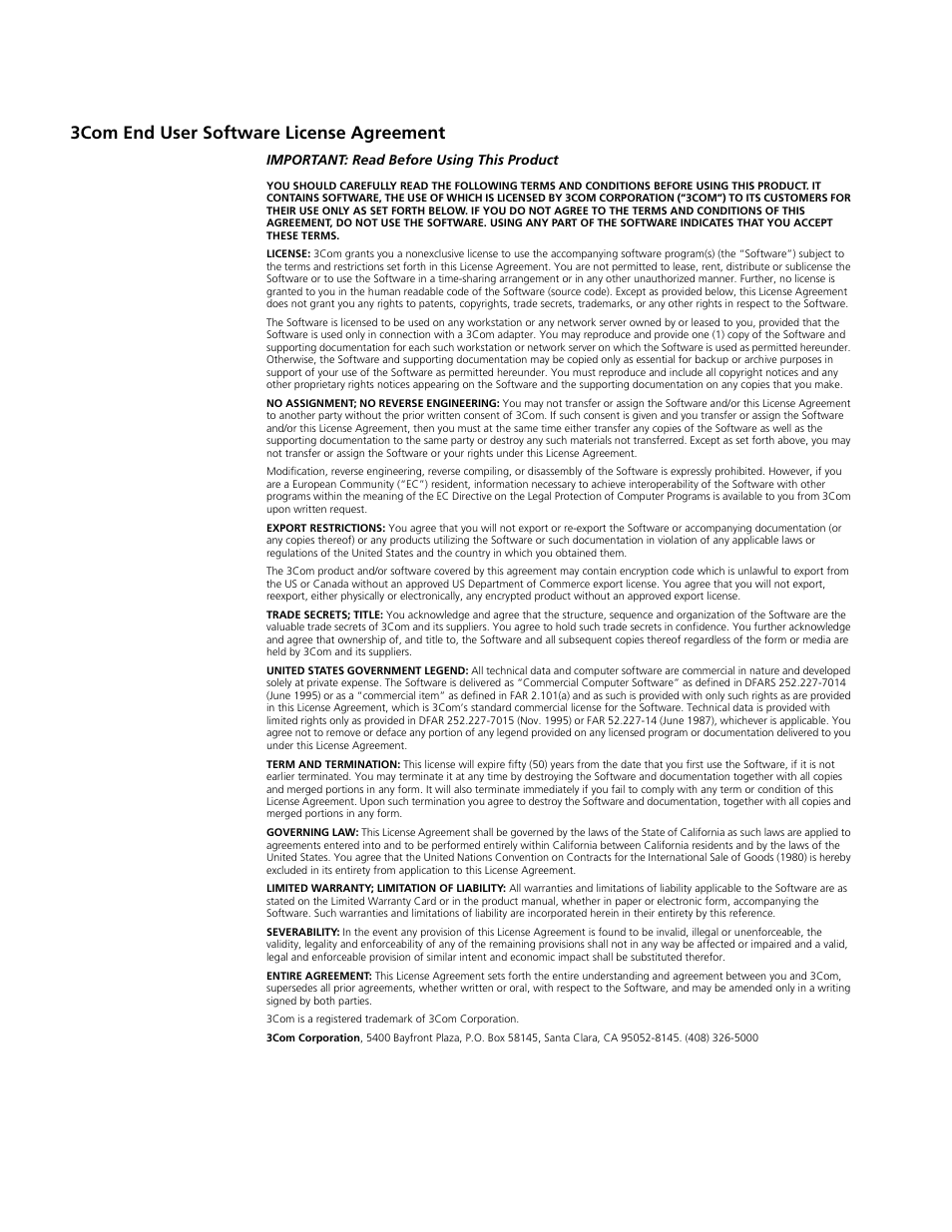 3com end user software license agreement, 3com end user software license agreement 94 | Cabletron Systems AirConnect 3Com User Manual | Page 92 / 93
