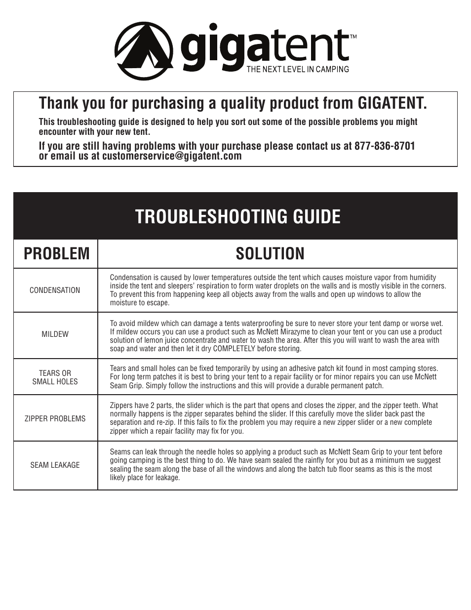 Troubleshooting guide | Giga Tent FT 018 User Manual | Page 6 / 8