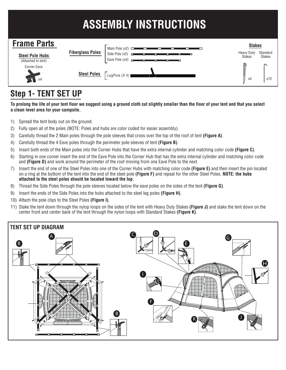 Assembly instructions, Frame parts, Step 1- tent set up | Giga Tent FT 020 User Manual | Page 2 / 8