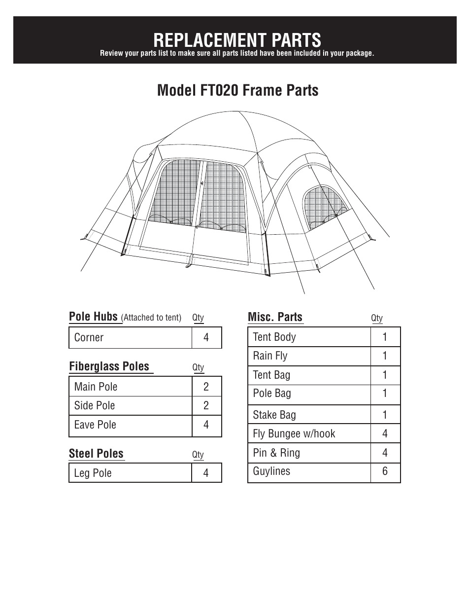 Replacement parts, Model ft020 frame parts | Giga Tent FT 020 User Manual | Page 4 / 8
