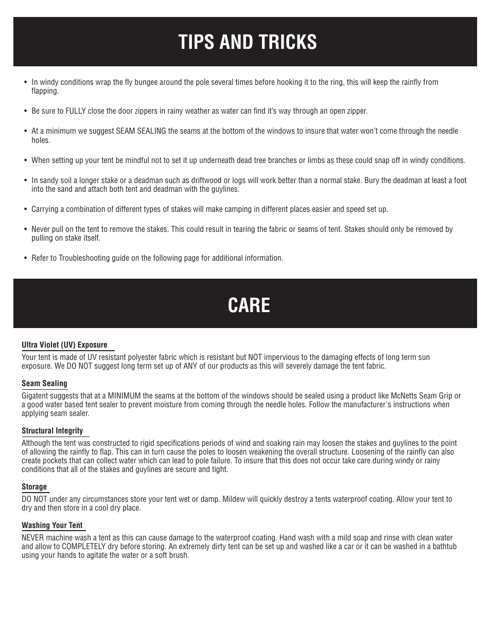 Tips and tricks care | Giga Tent FT 020 User Manual | Page 5 / 8