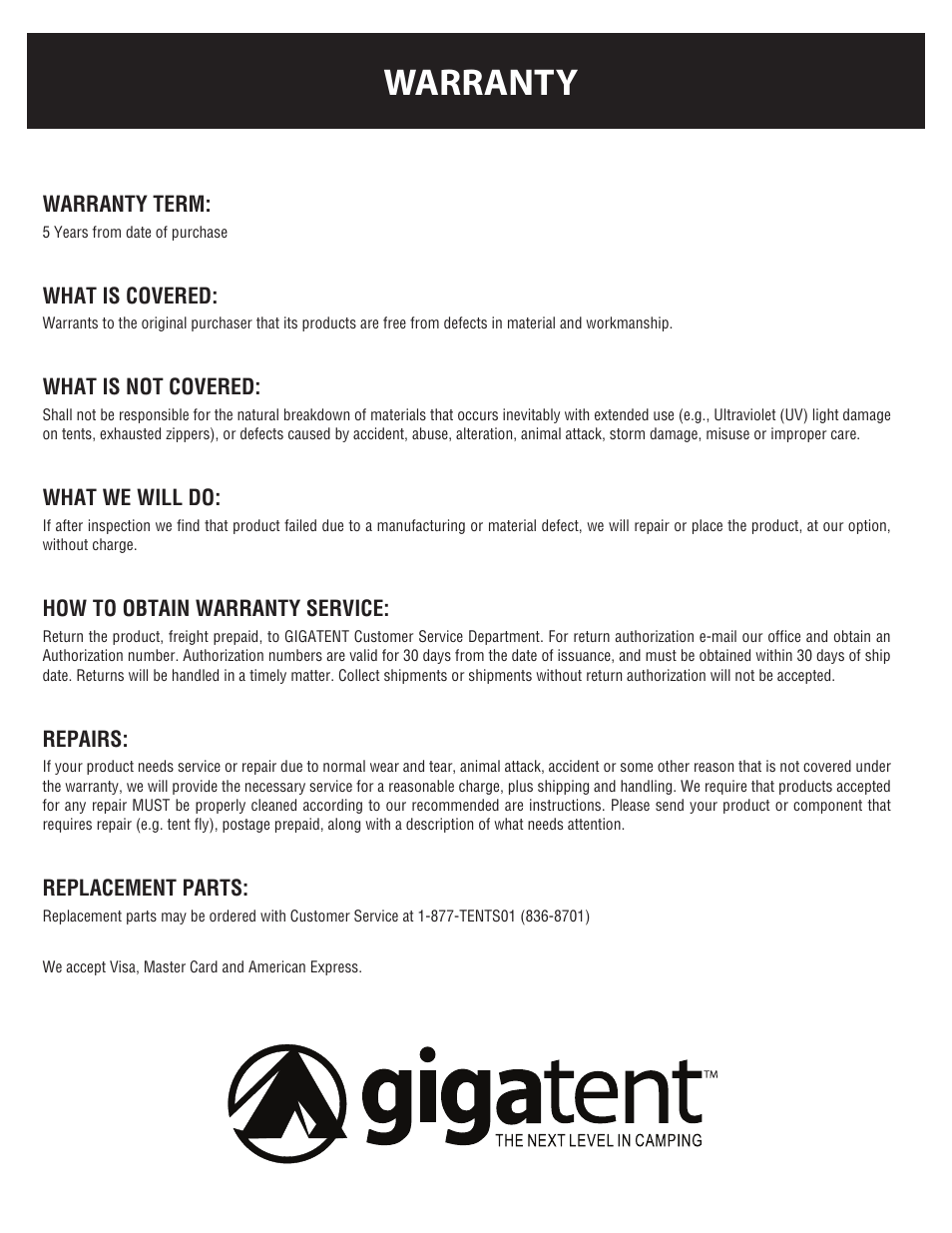 Warranty | Giga Tent FT 022 User Manual | Page 8 / 8