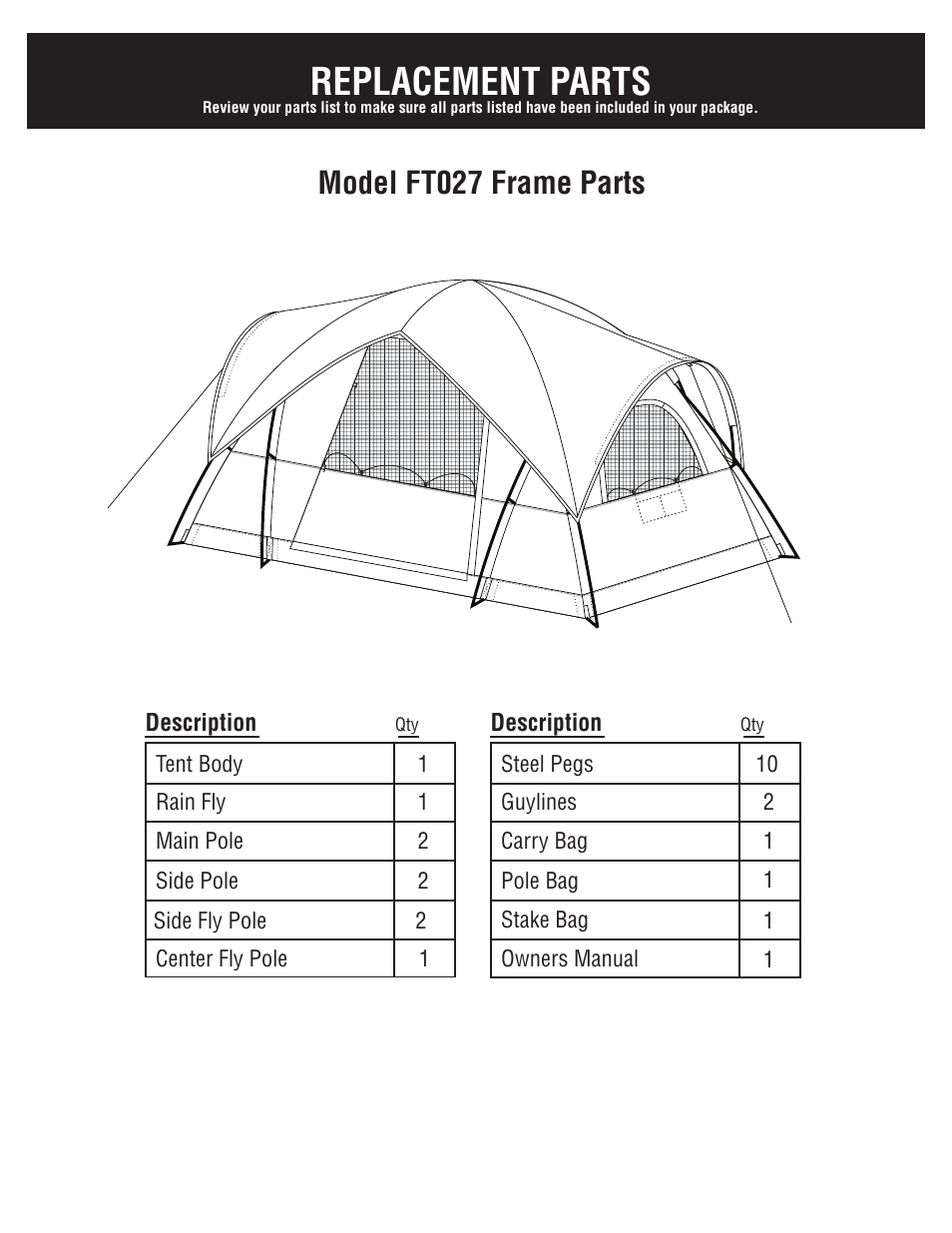 Replacement parts, Model ft027 frame parts | Giga Tent FT 027 User Manual | Page 4 / 8