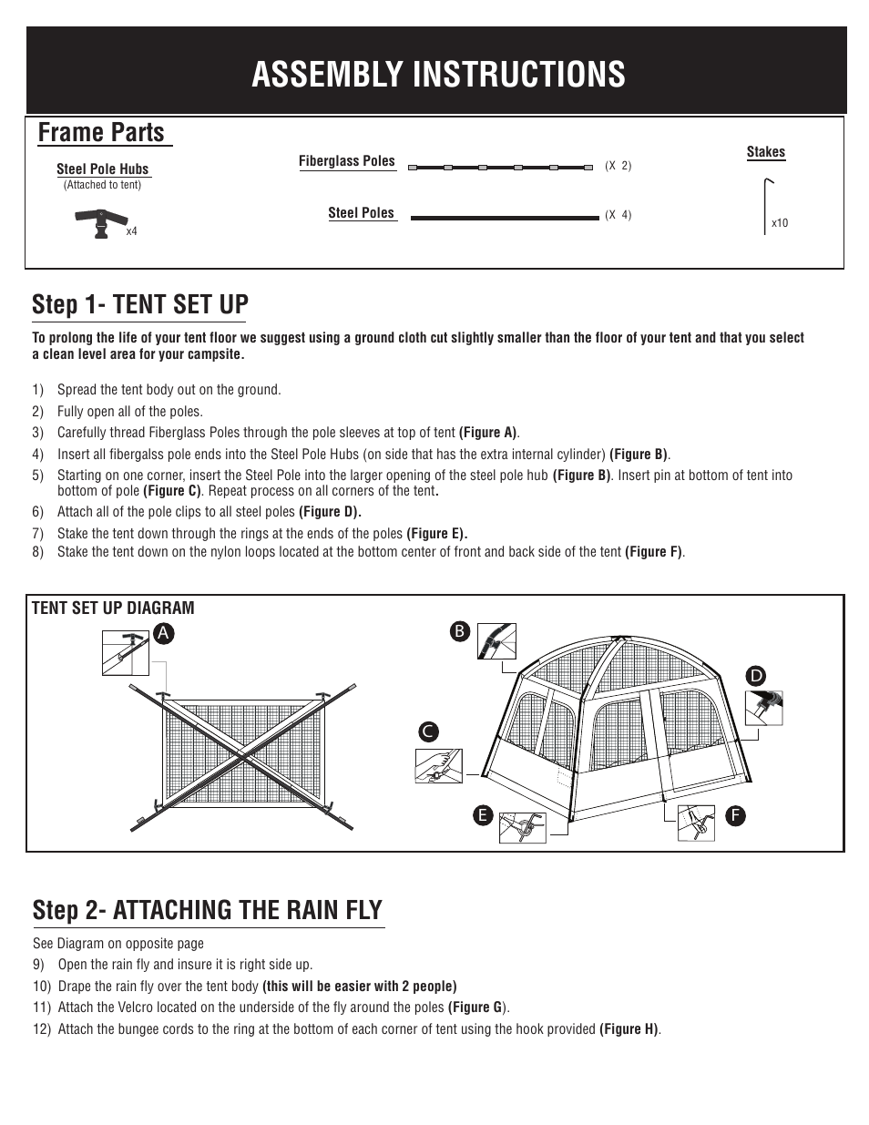 Assembly instructions, Frame parts, Step 1- tent set up step 2- attaching the rain fly | Giga Tent FT 049 User Manual | Page 2 / 8