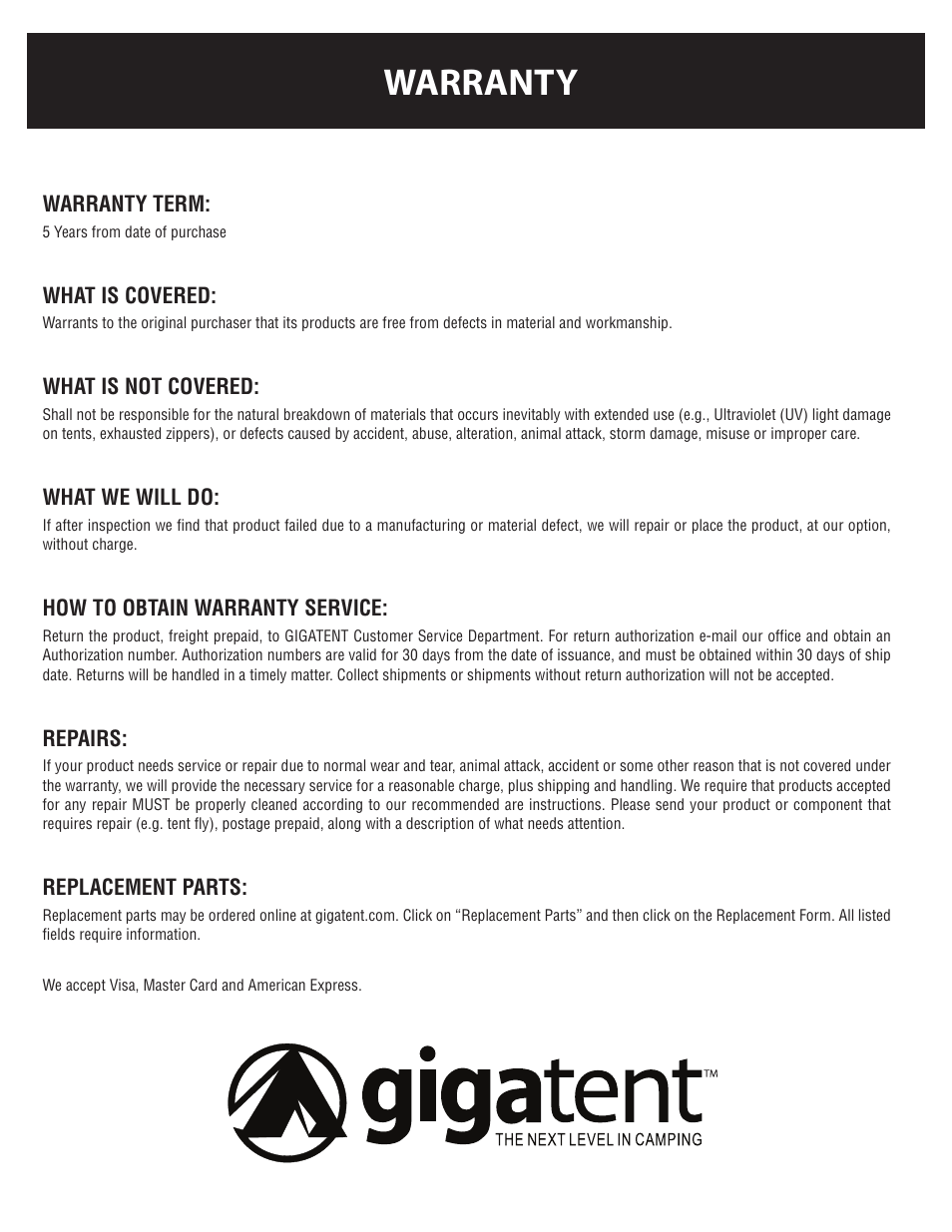 Warranty | Giga Tent FT 049 User Manual | Page 8 / 8