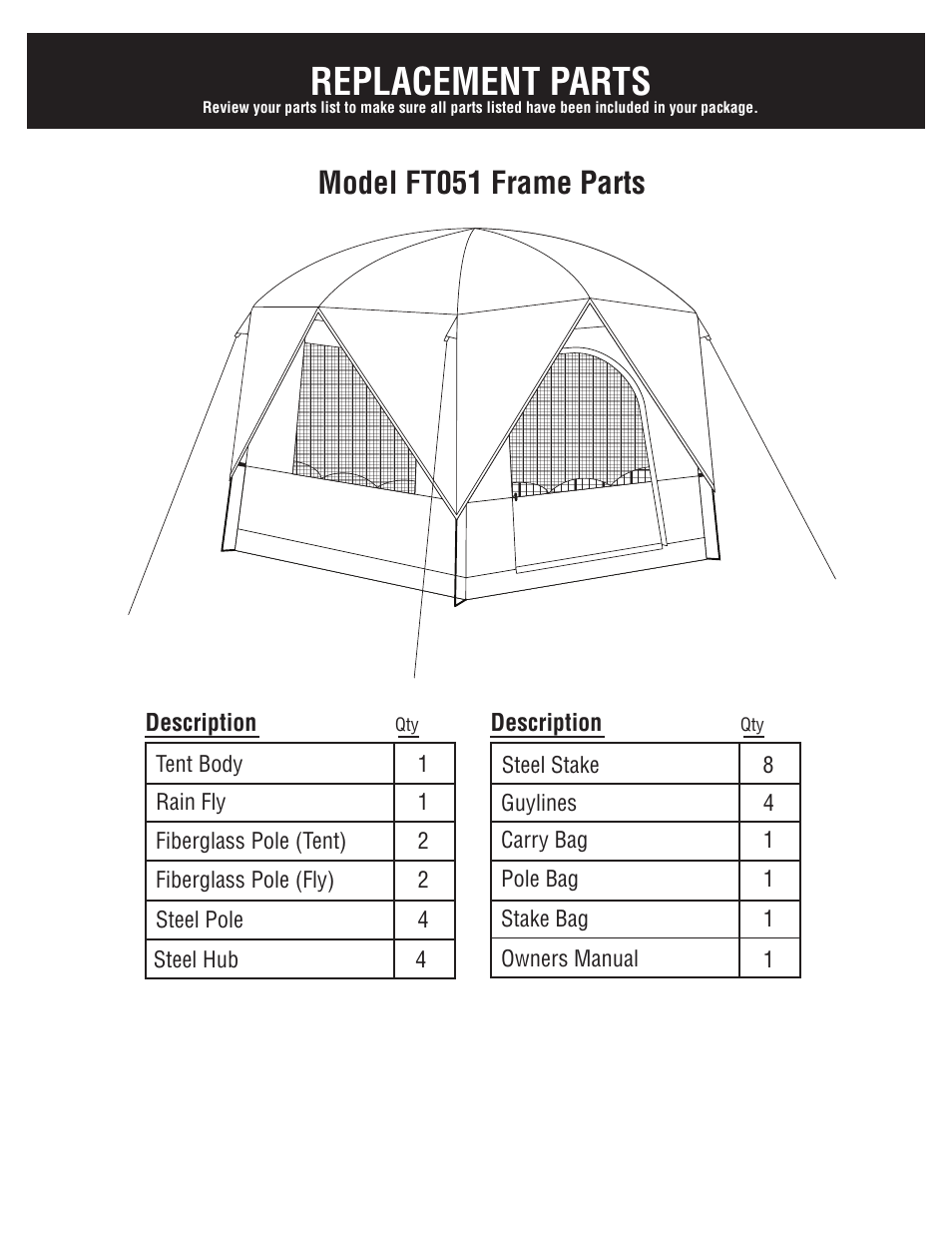 Replacement parts, Model ft051 frame parts | Giga Tent FT 051 User Manual | Page 4 / 8