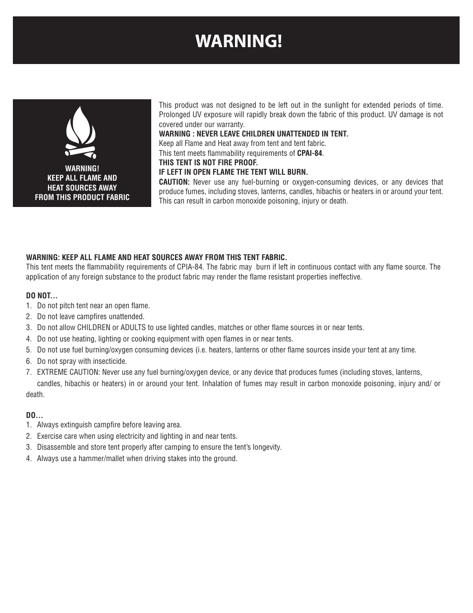 Warning | Giga Tent FT 051 User Manual | Page 7 / 8