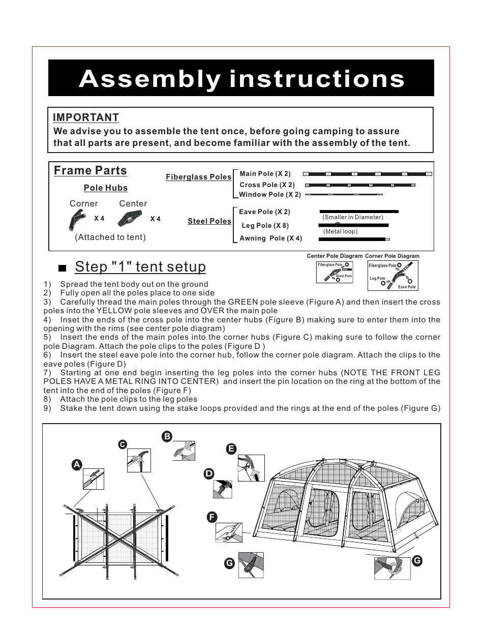 Assembly instructions, Step "1" tent setup, Frame parts | Important | Giga Tent FT 052 User Manual | Page 2 / 8