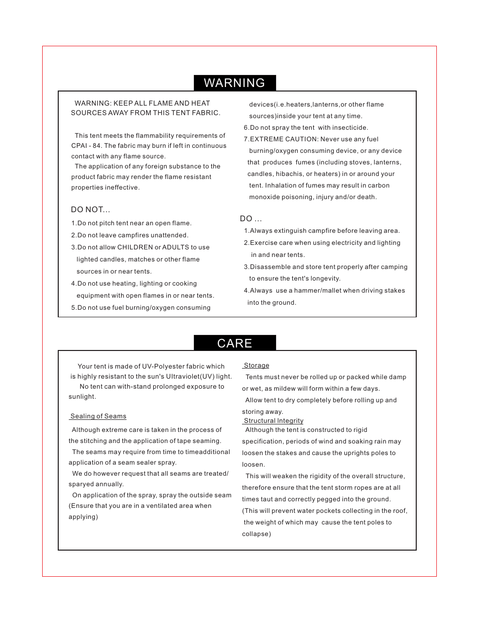 Warning, Care | Giga Tent FT 052 User Manual | Page 7 / 8