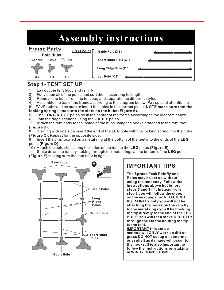 Important tips, Frame parts, Step 1- tent set up | Giga Tent FT 053 User Manual | Page 2 / 8