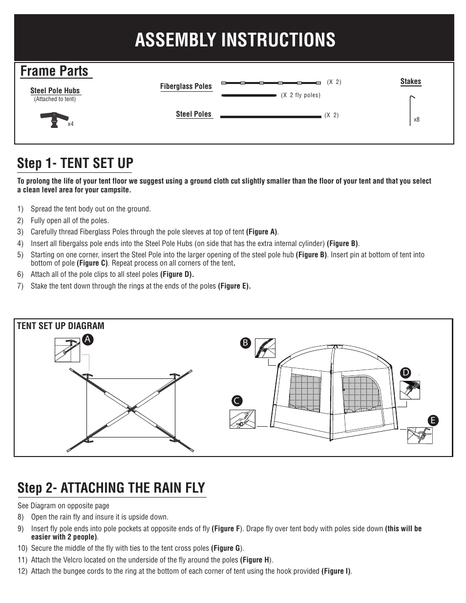 Assembly instructions, Frame parts, Step 1- tent set up step 2- attaching the rain fly | Giga Tent FT 054 User Manual | Page 2 / 8