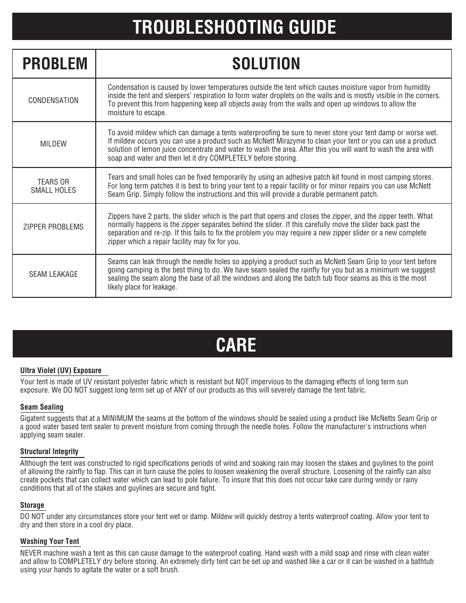 Care troubleshooting guide, Problem solution | Giga Tent MT 012 User Manual | Page 3 / 6