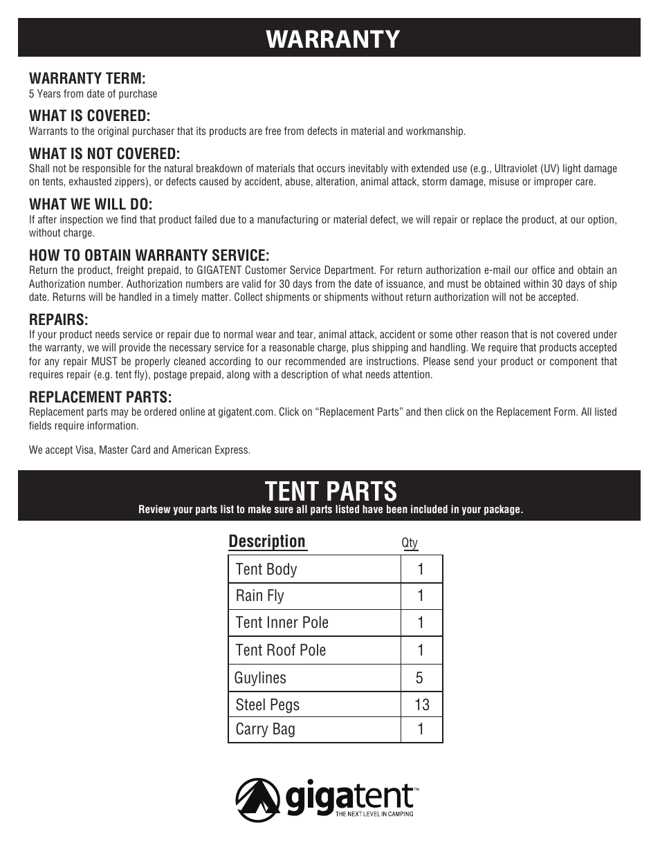 Warranty, Tent parts | Giga Tent MT 012 User Manual | Page 4 / 6