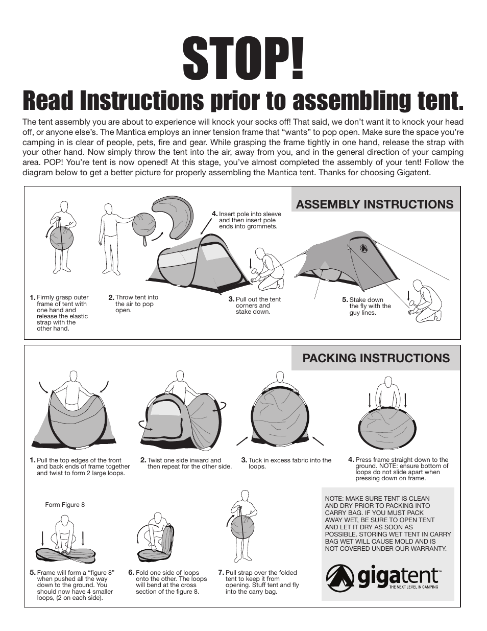 Stop, Read instructions prior to assembling tent, Assembly instructions packing instructions | Giga Tent MT 012 User Manual | Page 5 / 6