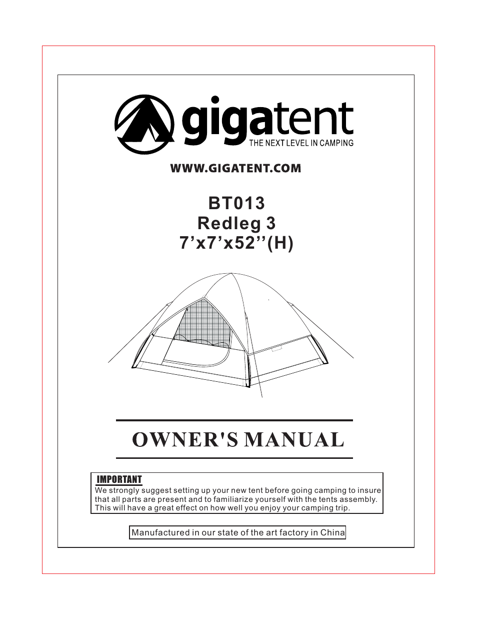 Giga Tent BT 013 User Manual | 8 pages