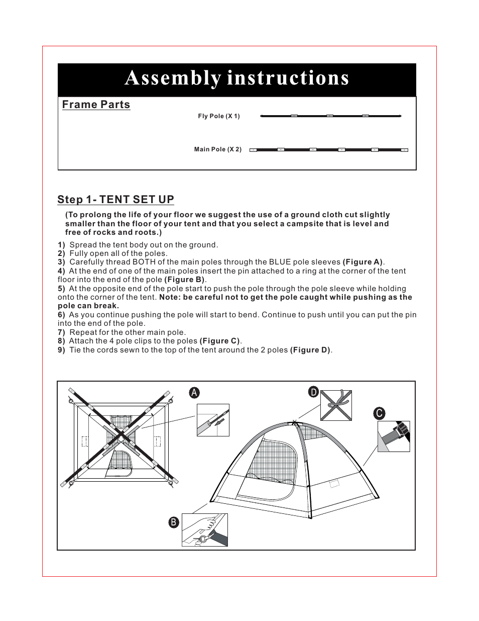 Frame parts, Step 1- tent set up | Giga Tent BT 013 User Manual | Page 2 / 8