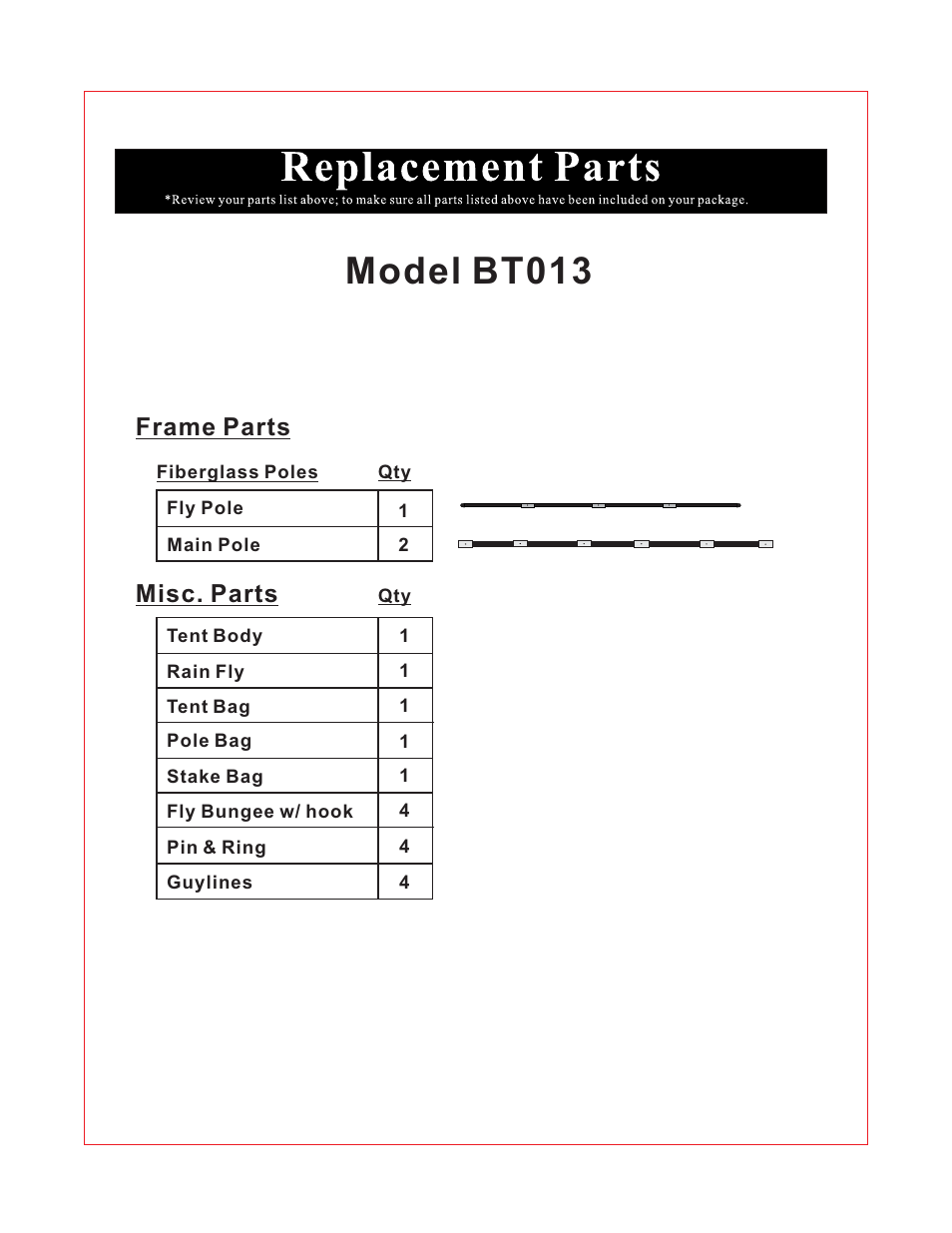 Model bt013, Frame parts misc. parts | Giga Tent BT 013 User Manual | Page 4 / 8