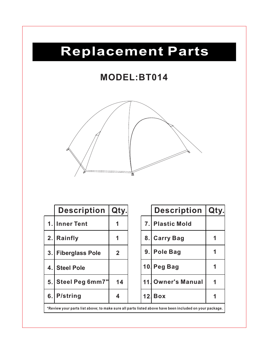 Replacement parts, Model:bt014, Description qty | Giga Tent BT 014 User Manual | Page 4 / 8