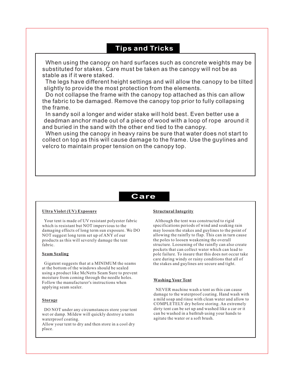 Tips and tricks care | Giga Tent GT 004W User Manual | Page 5 / 8