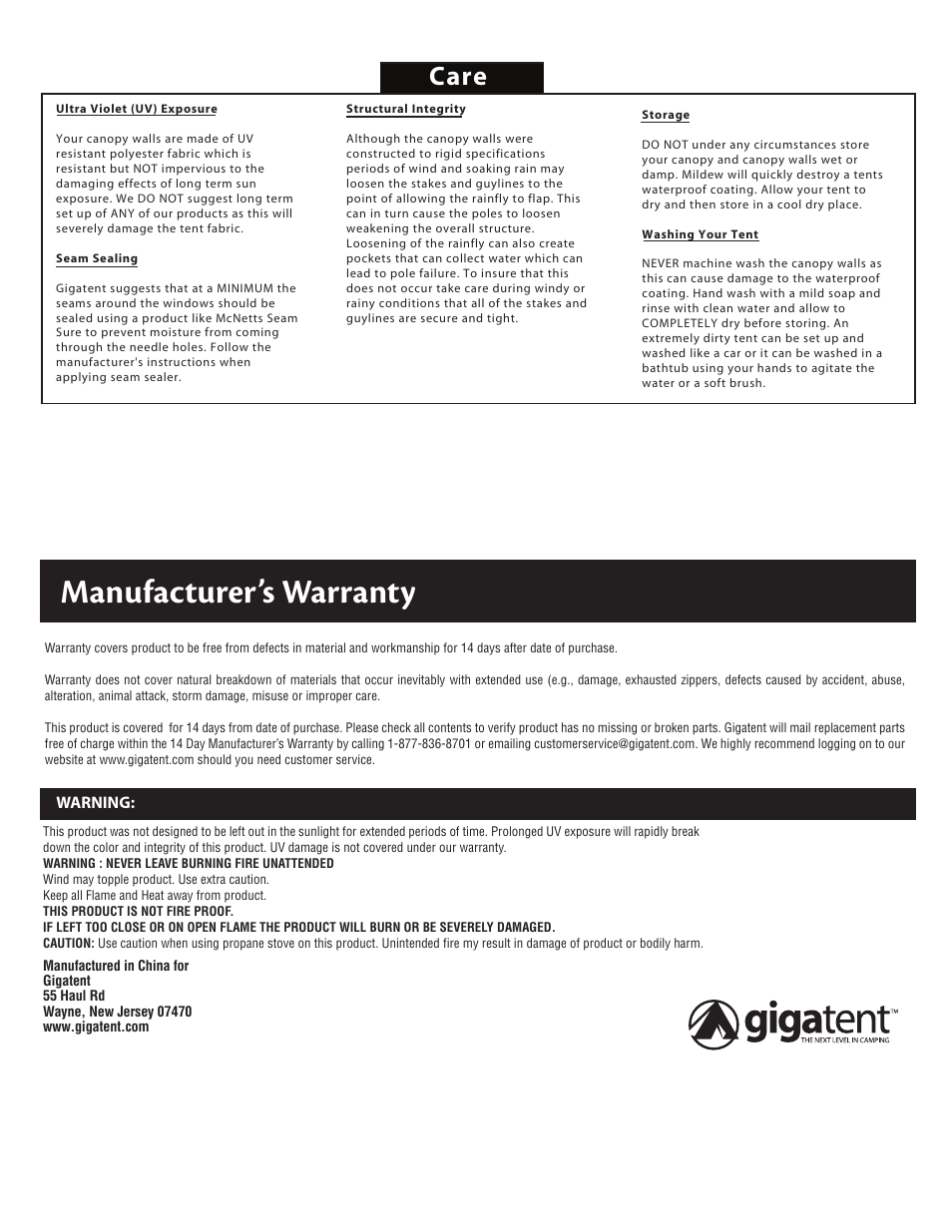 Manufacturer’s warranty, Care | Giga Tent SW 004W User Manual | Page 3 / 4