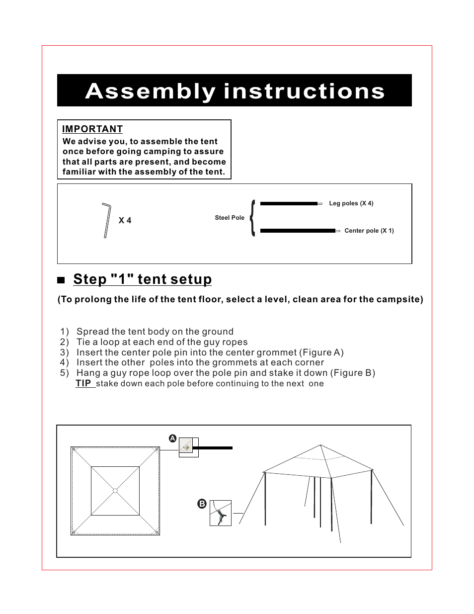 Assembly instructions, Step "1" tent setup | Giga Tent GT 007 User Manual | Page 2 / 7