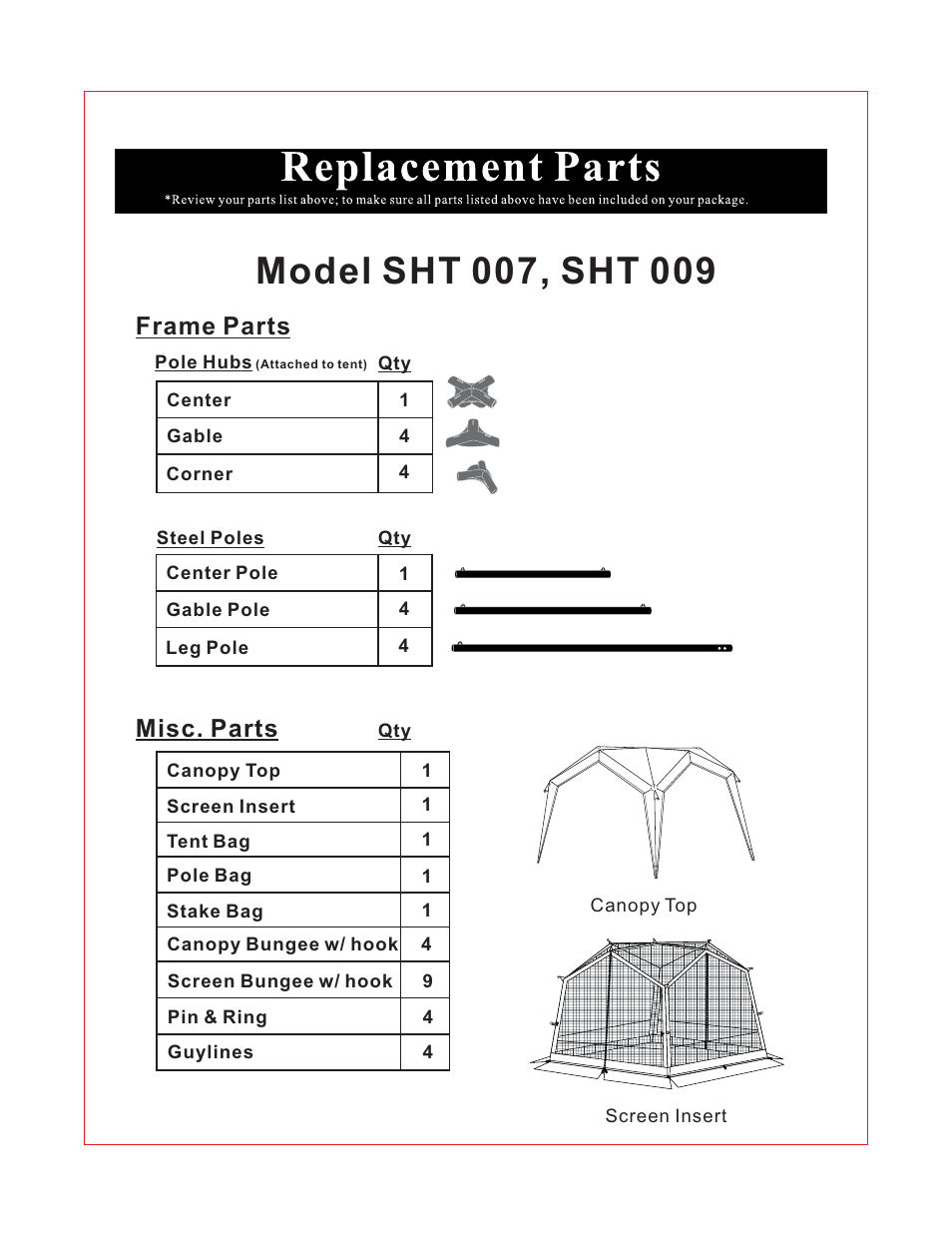 Frame parts, Misc. parts | Giga Tent SHT 009 User Manual | Page 4 / 8
