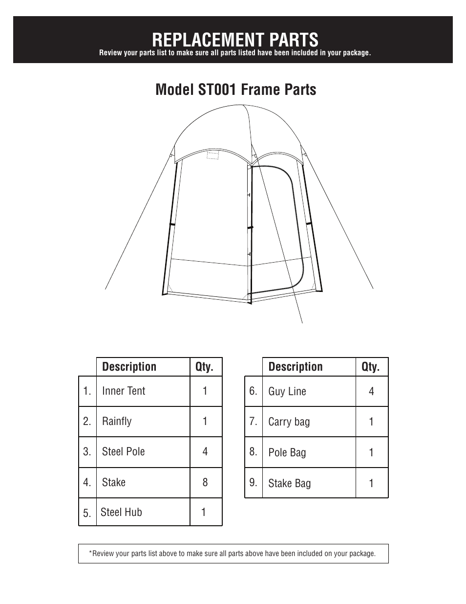Replacement parts, Model st001 frame parts | Giga Tent ST 001D User Manual | Page 4 / 8