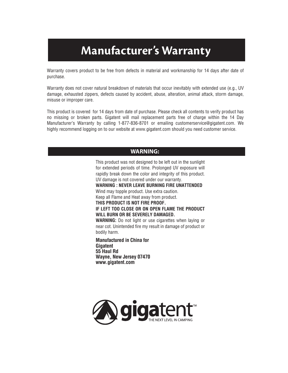 Manufacturer’s warranty | Giga Tent WFCM User Manual | Page 2 / 2