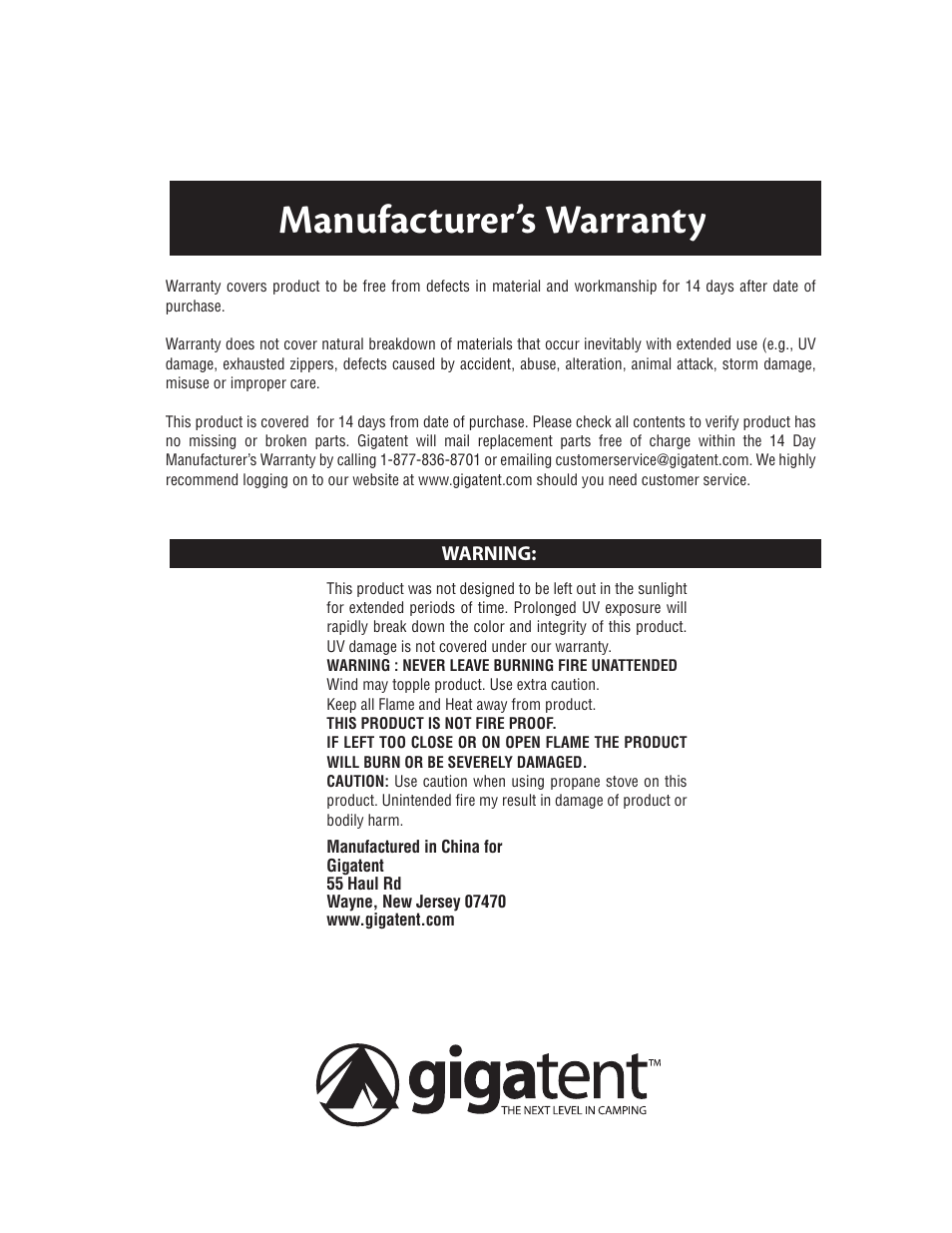 Manufacturer’s warranty | Giga Tent FTS 01 User Manual | Page 2 / 2