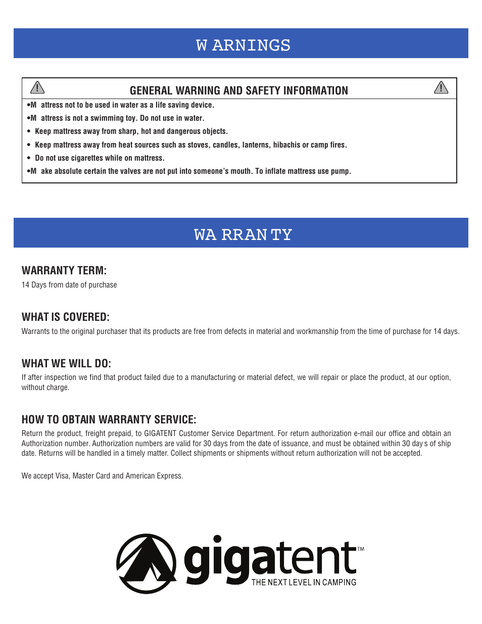 Wa rran ty w arnings | Giga Tent AC 003 User Manual | Page 2 / 2