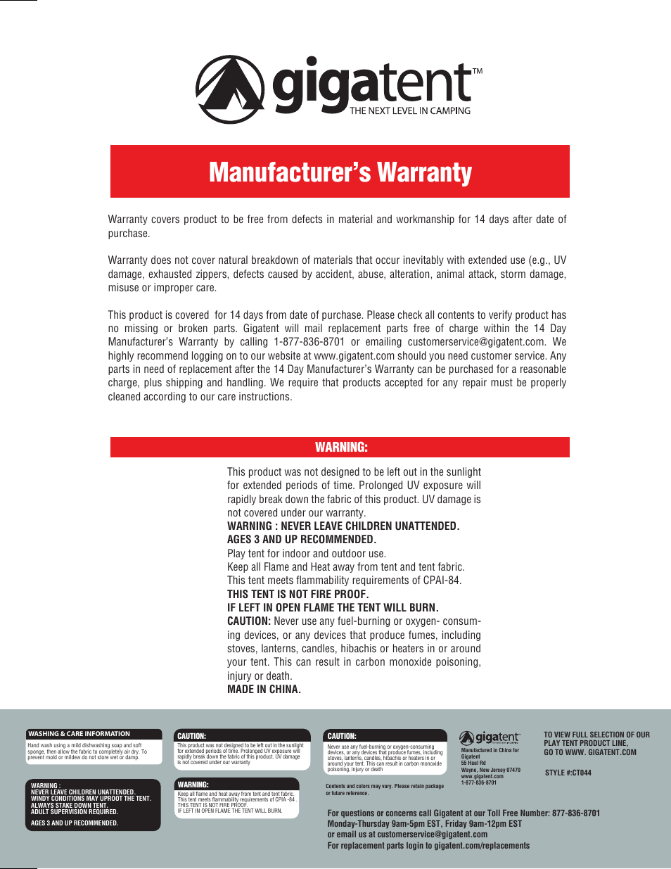 Manufacturer’s warranty, Warning | Giga Tent CT 044 User Manual | Page 2 / 2