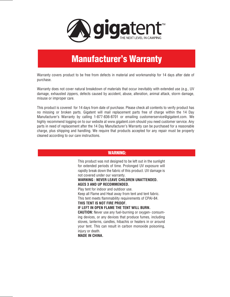 Manufacturer’s warranty | Giga Tent CT 031D User Manual | Page 2 / 2