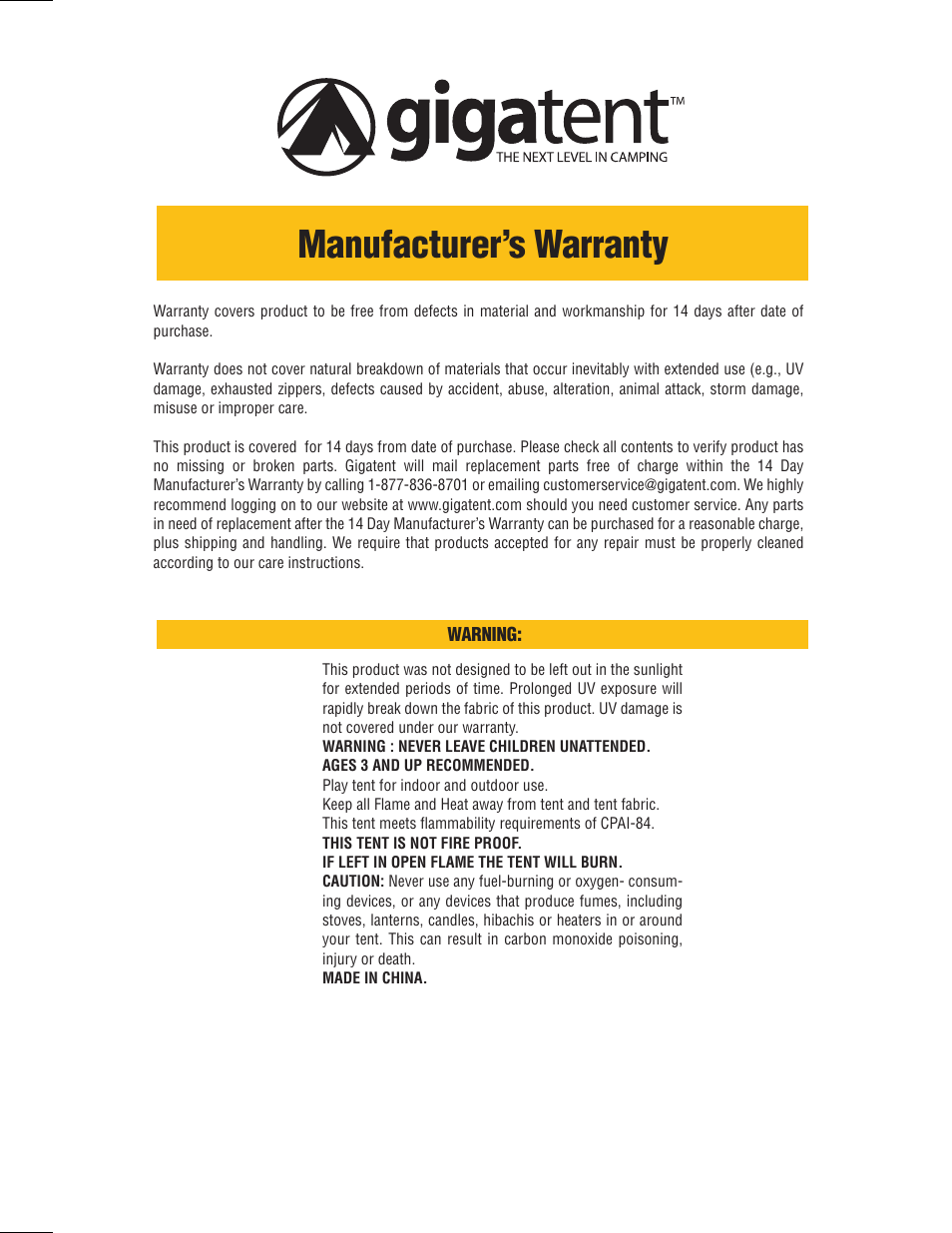 Manufacturer’s warranty | Giga Tent CT 028 User Manual | Page 2 / 2