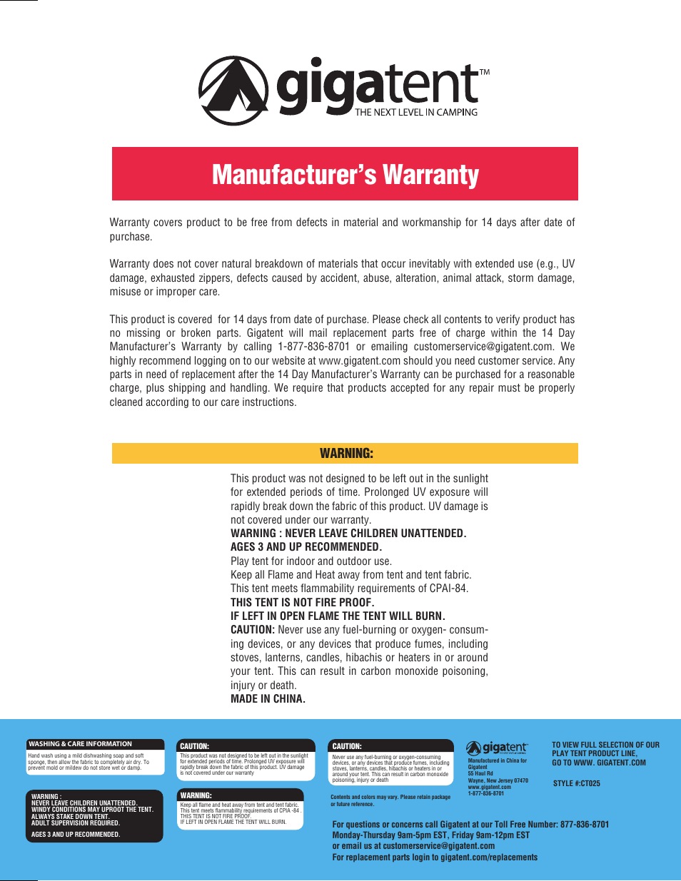 Manufacturer’s warranty, Warning | Giga Tent CT 025 User Manual | Page 2 / 2