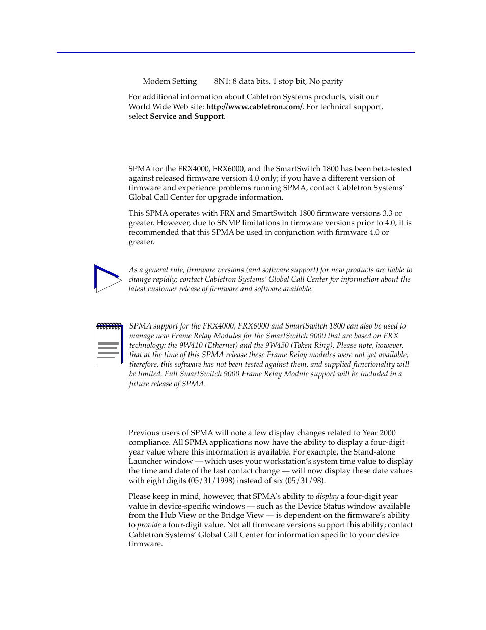 Frx4000, frx6000, and smartswitch 1800 firmware, Year 2000 compliance, Frx4000, frx6000, and smartswitch 1800 firmware -8 | Year 2000 compliance -8 | Cabletron Systems FRX6000 User Manual | Page 16 / 232