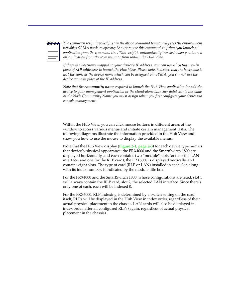Navigating through the hub view, Navigating through the hub view -2 | Cabletron Systems FRX6000 User Manual | Page 18 / 232