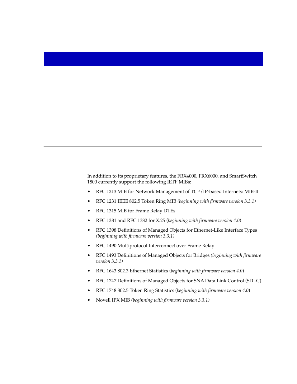 Appendix, Ietf mib support, Appendix a frx4000, frx6000, and smartswitch 1800 | Mib components, Appendix a | Cabletron Systems FRX6000 User Manual | Page 225 / 232