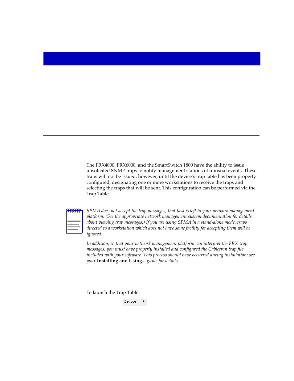 Configuring the trap table, About traps, Launching the trap table | Chapter 3, About traps -1 launching the trap table -1 | Cabletron Systems FRX6000 User Manual | Page 51 / 232