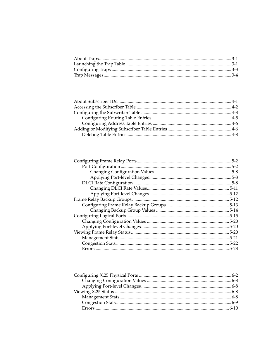 Chapter 3 configuring the trap table, Chapter 4 configuring the subscriber table, Chapter 5 frame relay status and configuration | Chapter 6 x.25 status and configuration | Cabletron Systems FRX6000 User Manual | Page 6 / 232