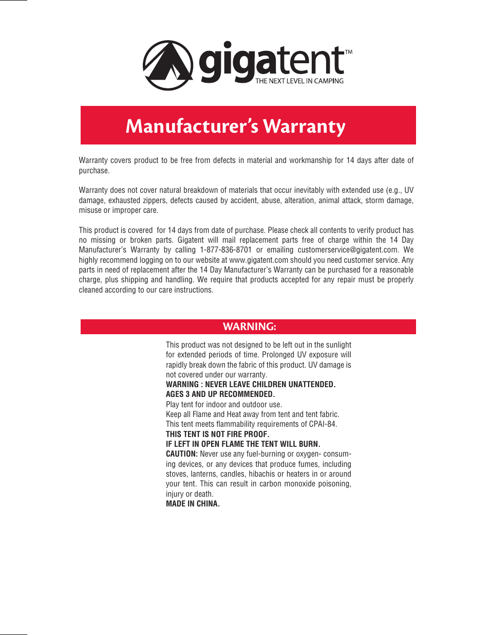 Manufacturer’s warranty, Warning | Giga Tent CT 015 User Manual | Page 2 / 2