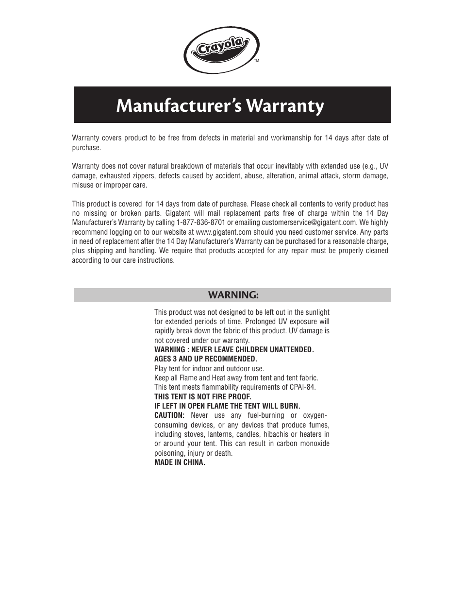 Manufacturer’s warranty, Warning | Giga Tent Gen-012 User Manual | Page 2 / 2