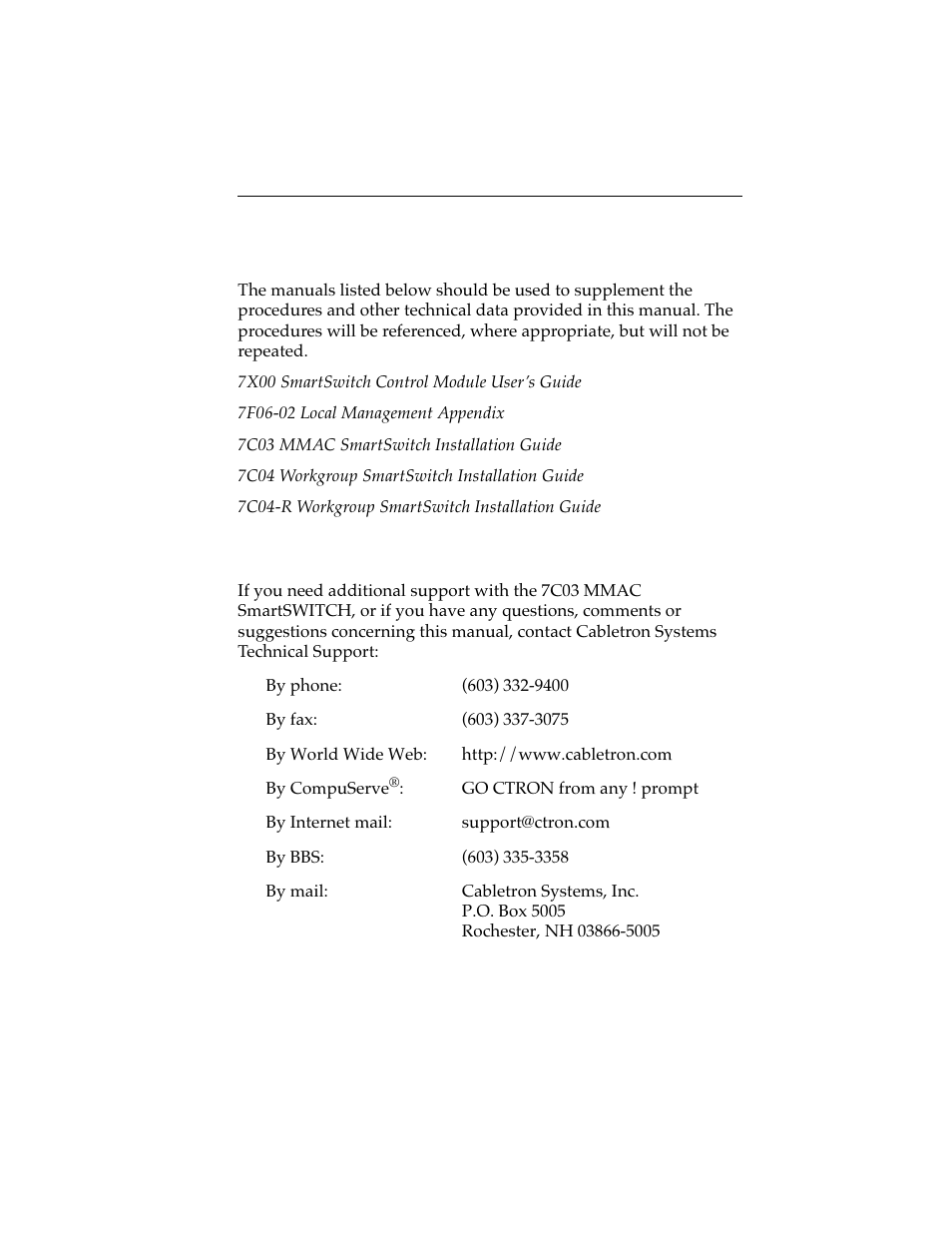 4 related manuals, 5 getting help, 4 related manuals -5 1.5 getting help -5 | Cabletron Systems 7F06-02 User Manual | Page 11 / 28