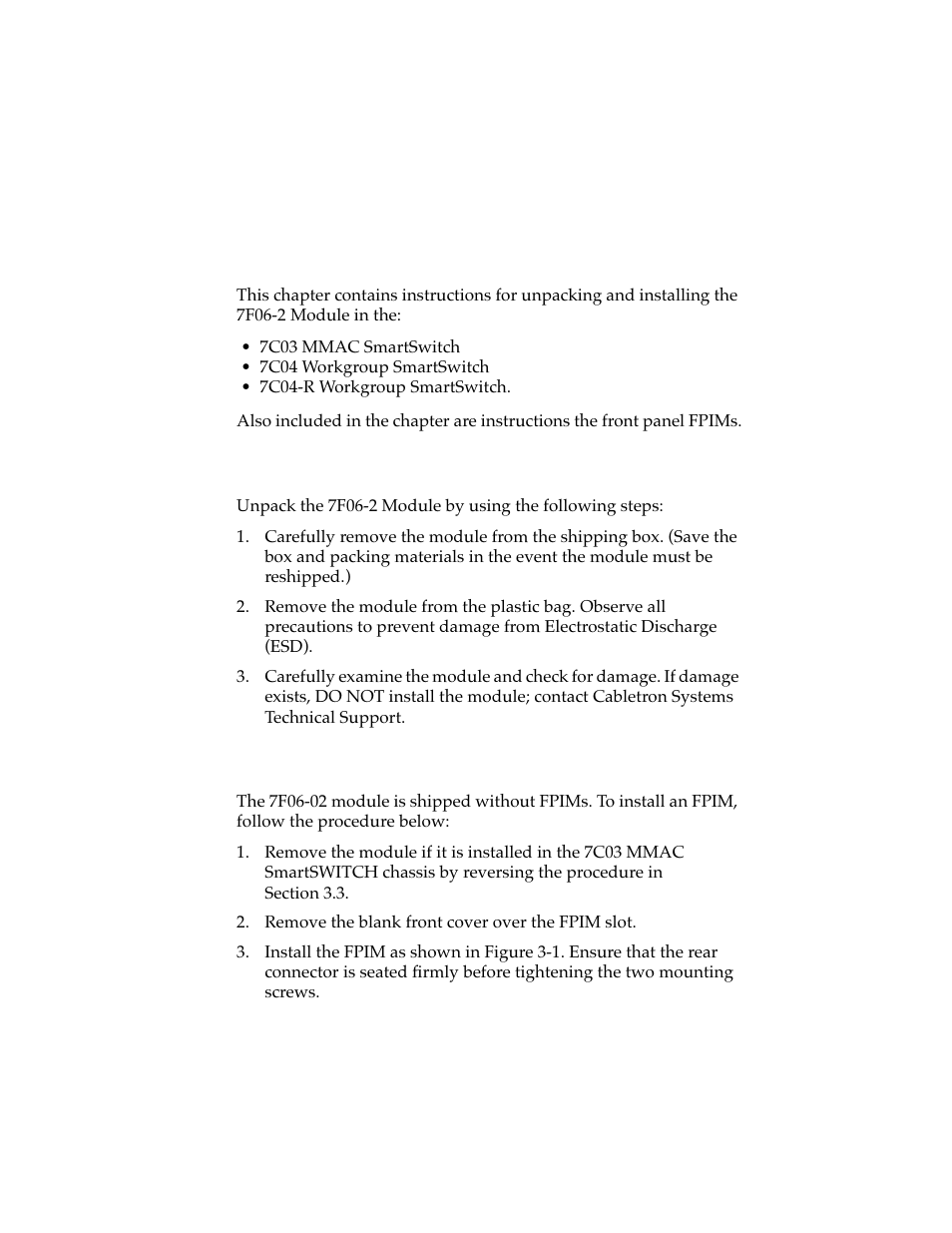 Installation/removal, 1 unpacking the 7f06-2 module, 2 installing fpims | Chapter 3 installation/removal | Cabletron Systems 7F06-02 User Manual | Page 16 / 28