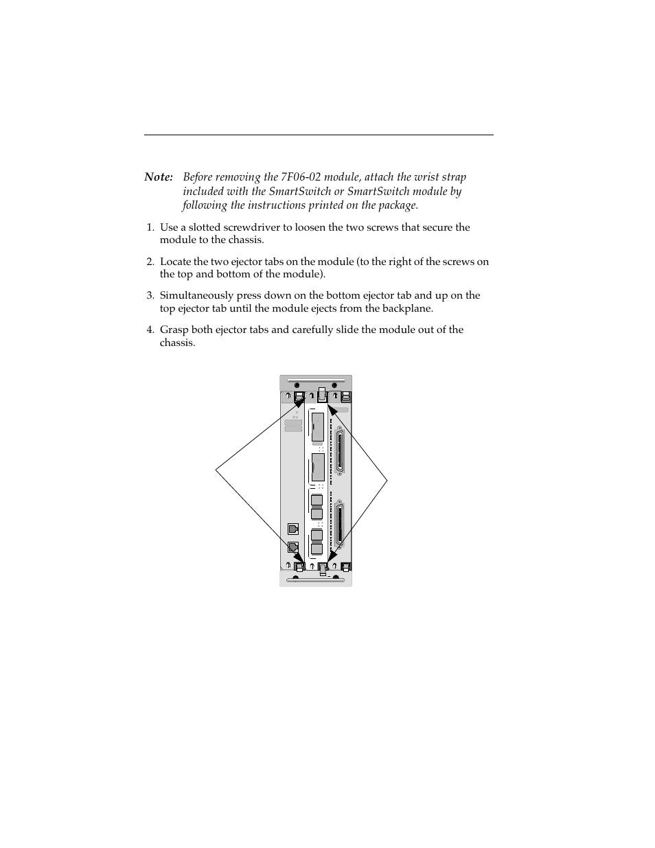 4 installation/removal, Screws ejector tabs | Cabletron Systems 7F06-02 User Manual | Page 19 / 28