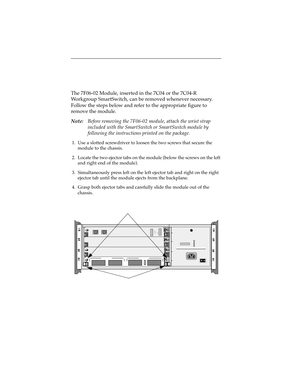 4 removing from the 7c04 or 7c04-r workgroup, Installation/removal 3-7, Screws ejector tabs | Cabletron Systems 7F06-02 User Manual | Page 22 / 28