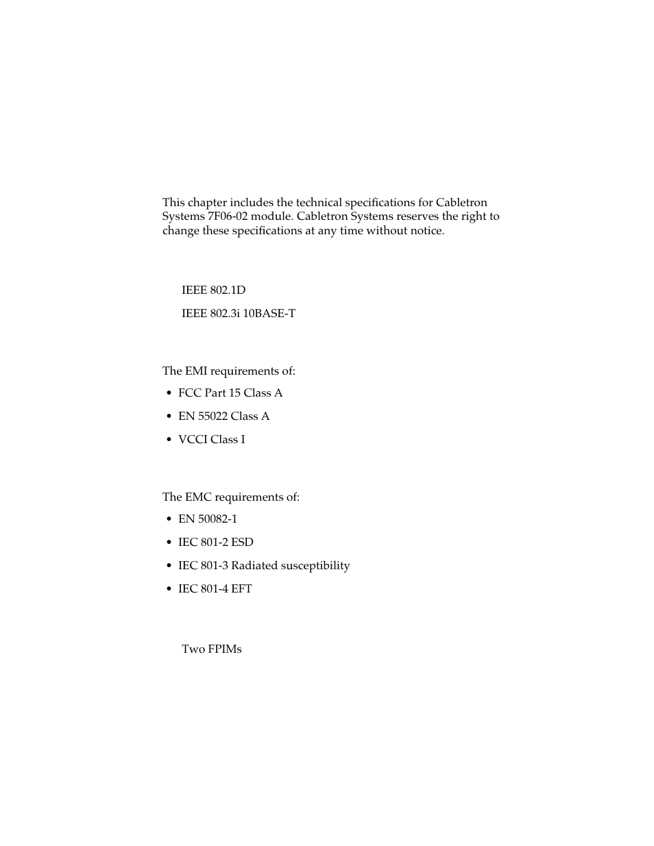 Technical specifications, 1 standards, 2 emi | 3 emc, 4 network interfaces, Chapter 5 technical specifications | Cabletron Systems 7F06-02 User Manual | Page 27 / 28