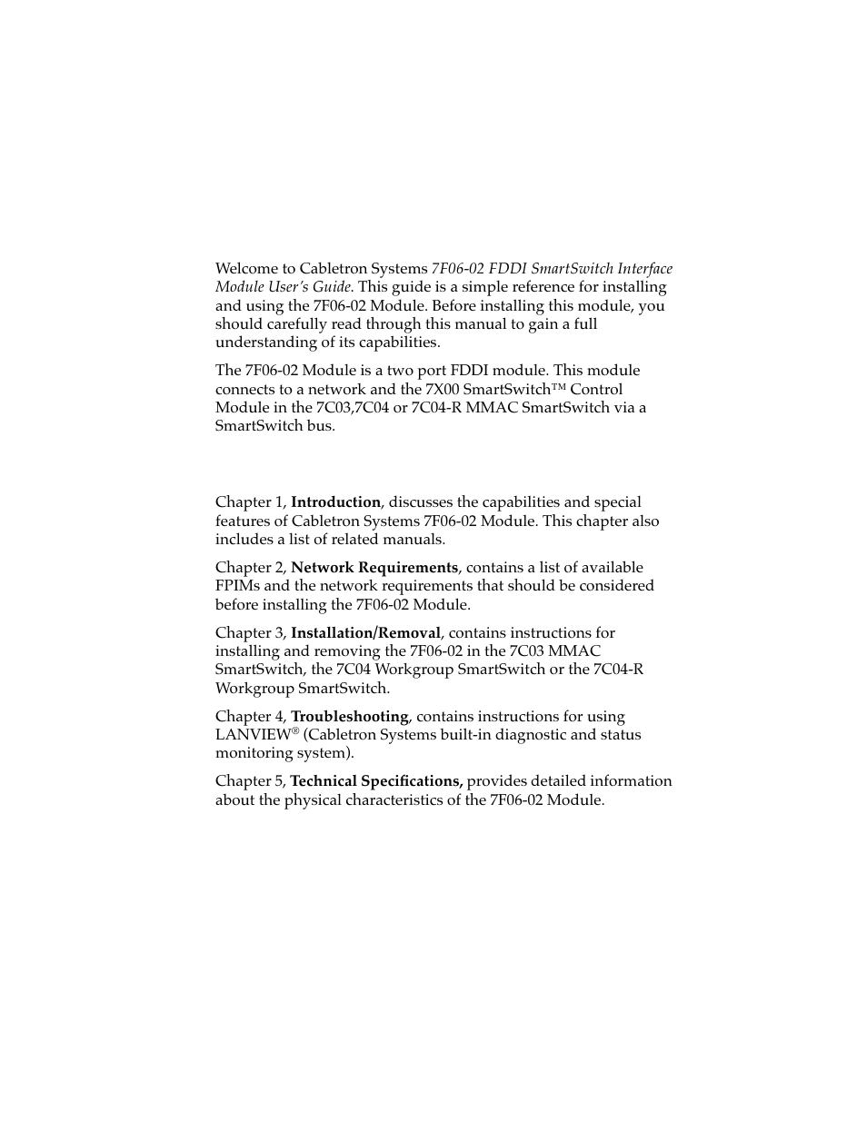 Introduction, 1 using this manual, Chapter 1 introduction | 1 using this manual -1 | Cabletron Systems 7F06-02 User Manual | Page 7 / 28