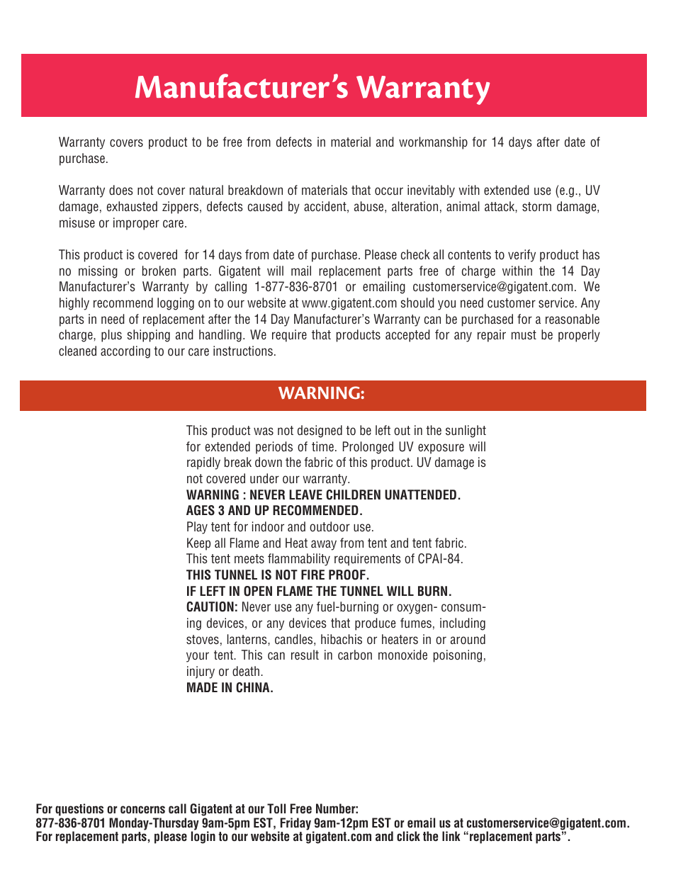 Manufacturer’s warranty, Warning | Giga Tent CT 107 User Manual | Page 2 / 2