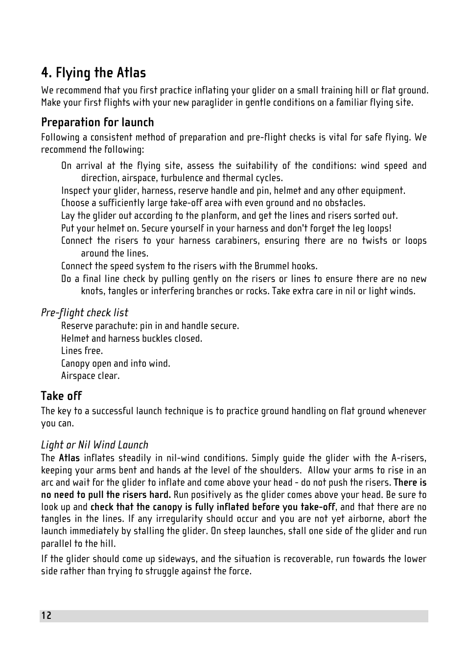 Flying the atlas, Preparation for launch, Take off | GIN Atlas User Manual | Page 12 / 24