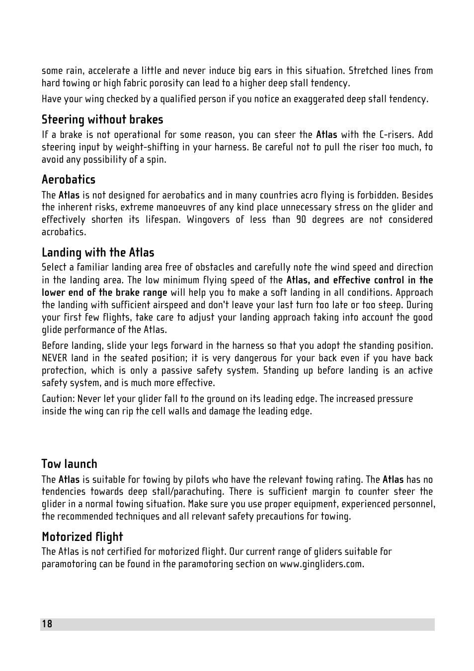Steering without brakes, Aerobatics, Landing with the atlas | Tow launch, Motorized flight | GIN Atlas User Manual | Page 18 / 24